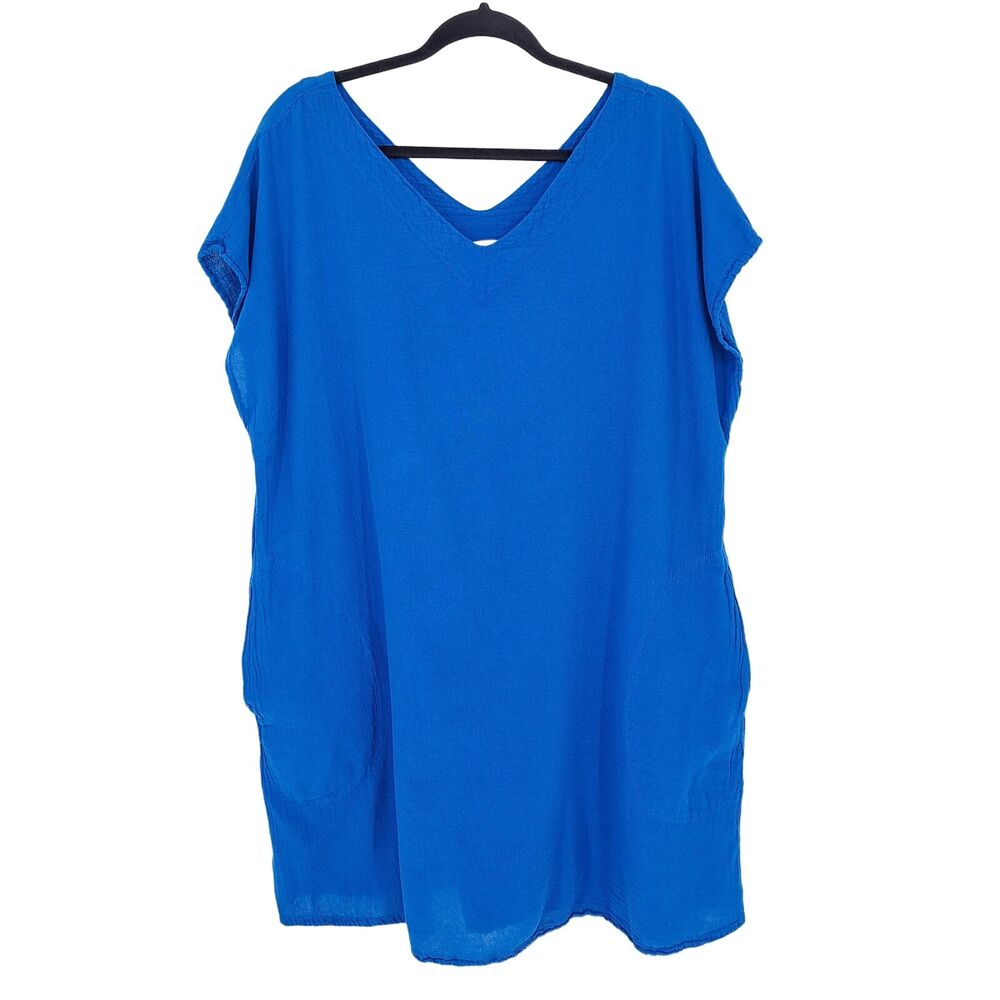 ABACÁ V-Neck Tunic Top Dress 100% Cotton Lagenlook Beach Blue Women's Size L XL